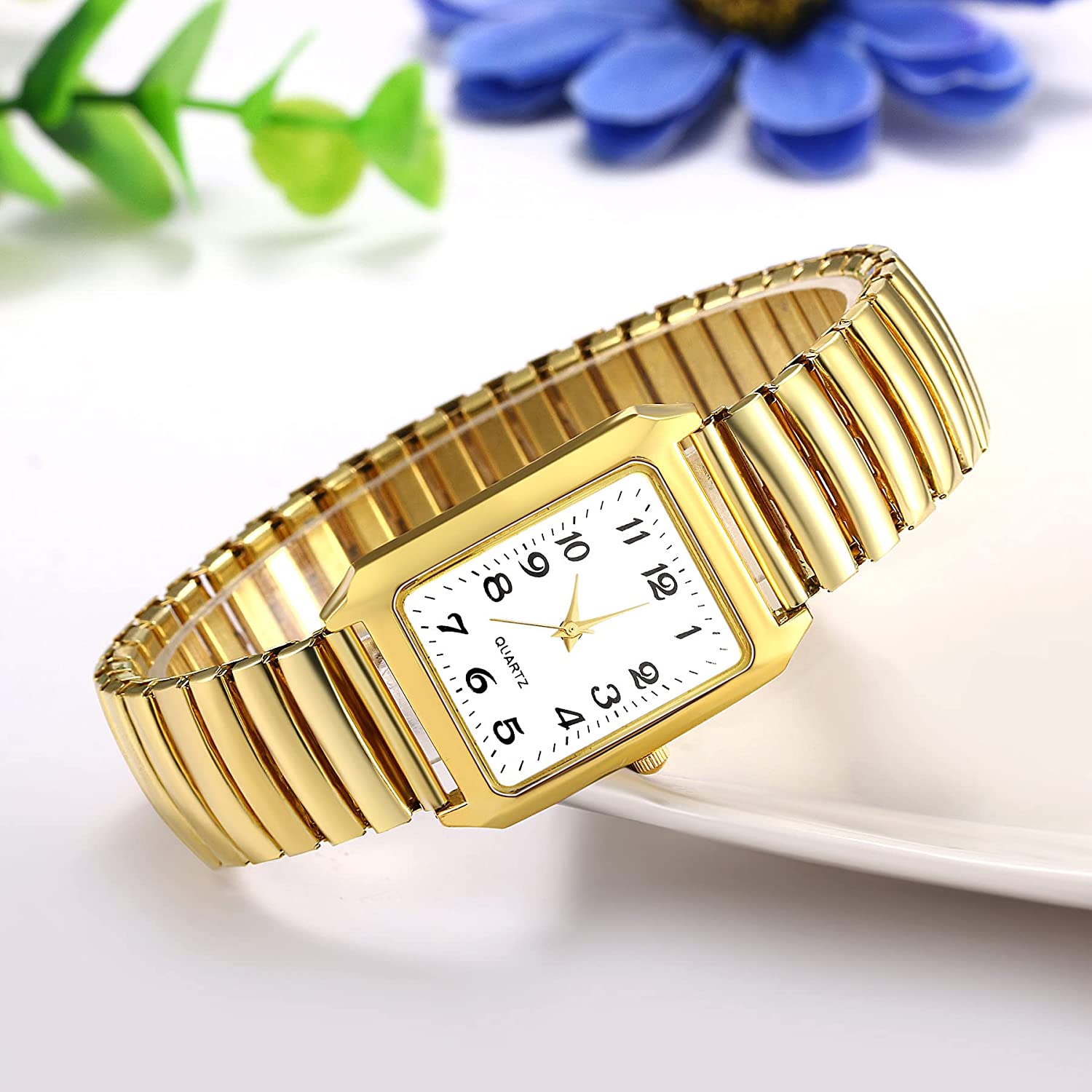 JewelryWe Women's Ultra Thin Easy Reader Watch with Elastic Strap, Golden/Silver Watch - Image 3